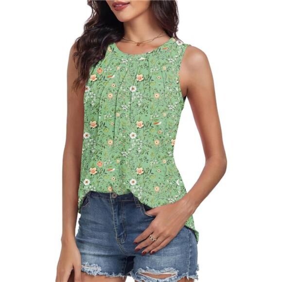Women's Floral Green Summer Tank Tops Pleated Round Neck Sleeveless‎ Tops - Picture 4 of 4